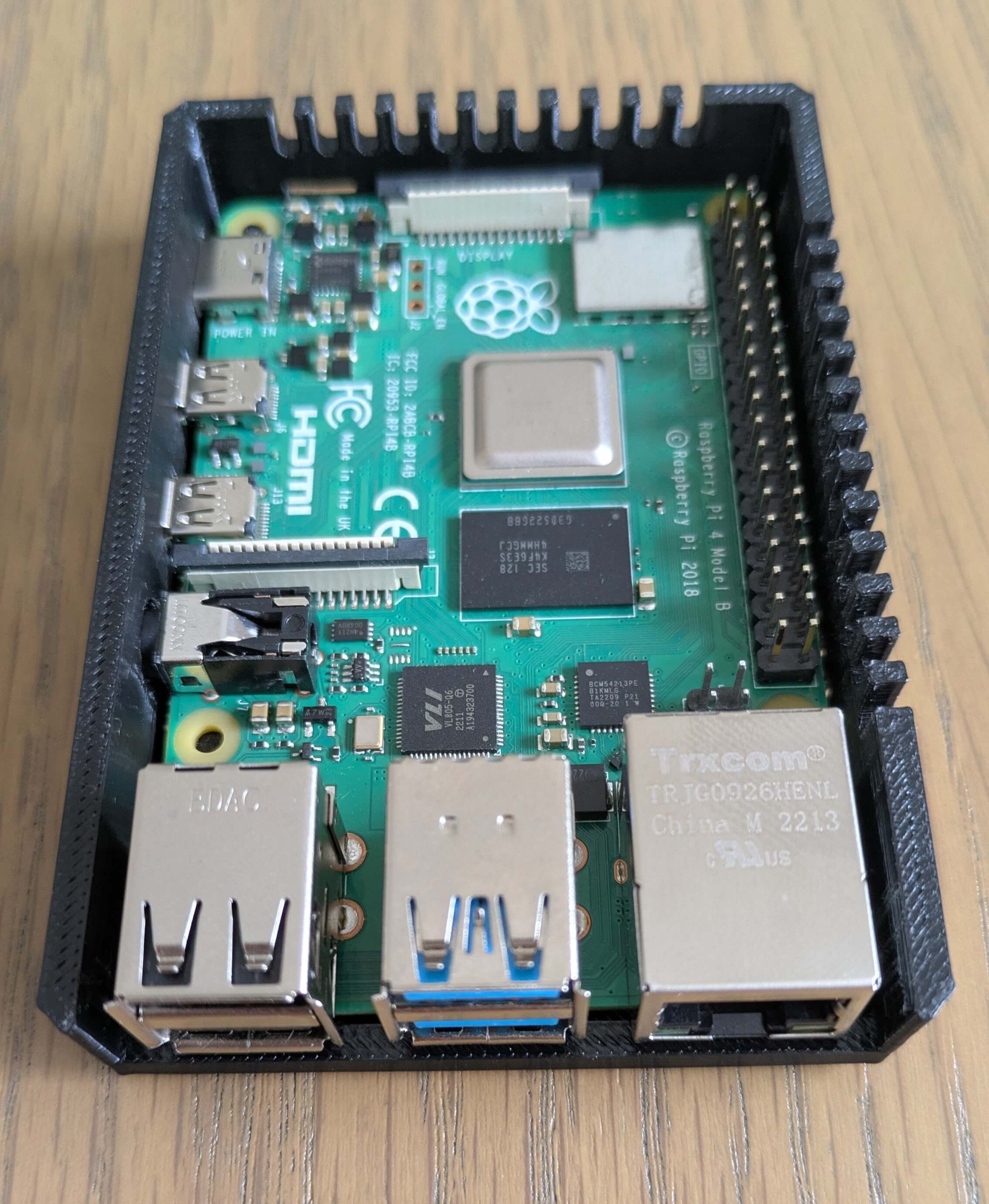 A close-up of a Raspberry Pi 4 Model B single board computer.